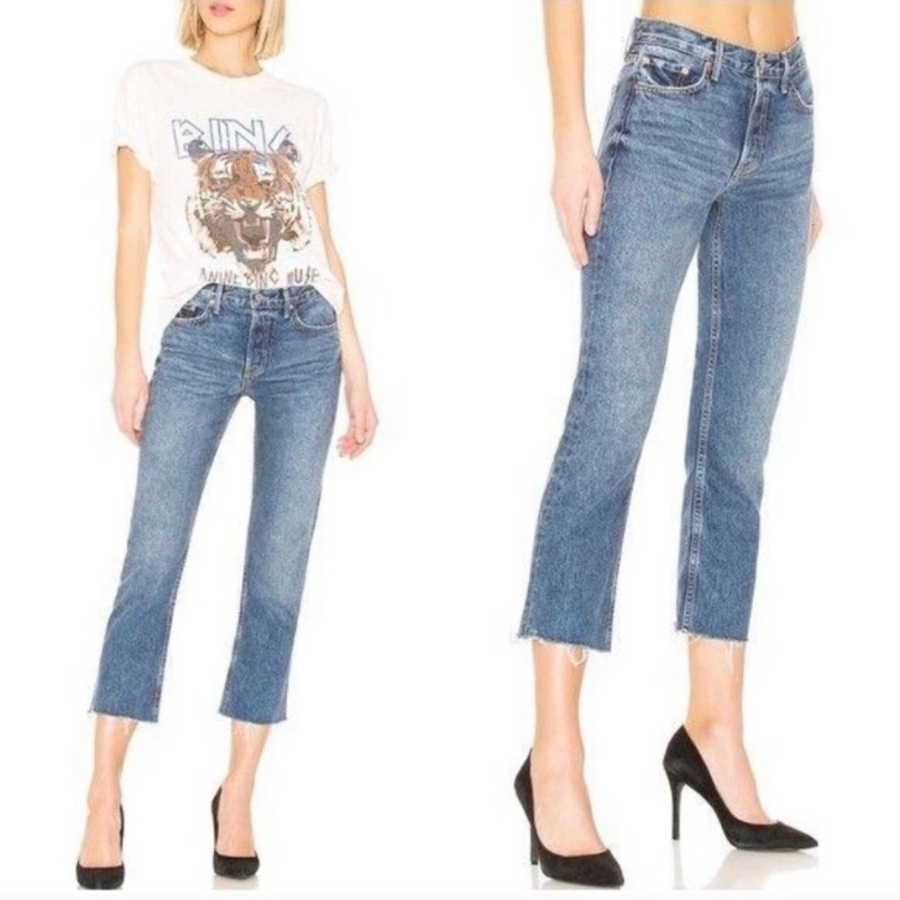 GRLFRND High Rise Jeans Tatum Slim Kick Crop Flare Raw Hem 27